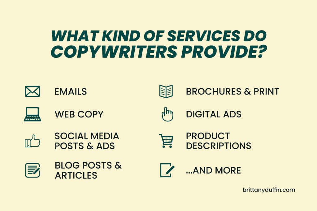 A sample list of services on a copywriter rate sheet