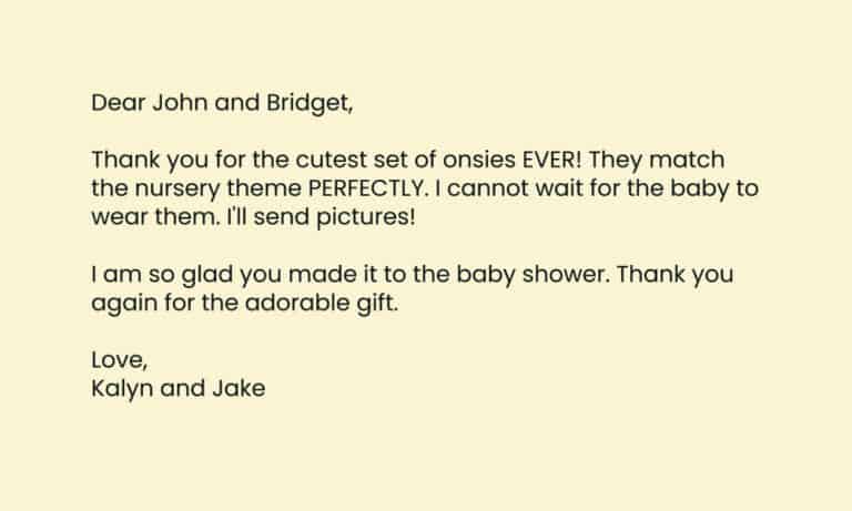 Example of a thank you note from a baby shower