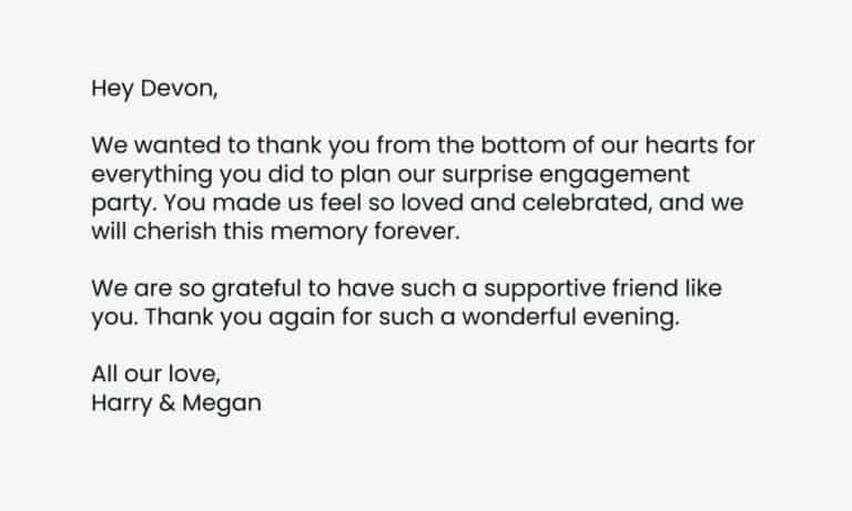 Example of a thank you note from a surprise engagement party